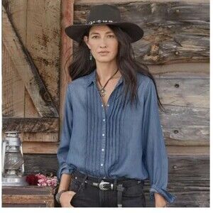 Sundance Blue Tessa Pleated Chambray Pearl Snap Button Front Top Women's PM